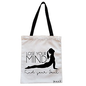 Geanta Canvas Tote pentru femei Yoga Lose your mind Find your soul, 38x34.5 cm, Alba, BEKZ®
