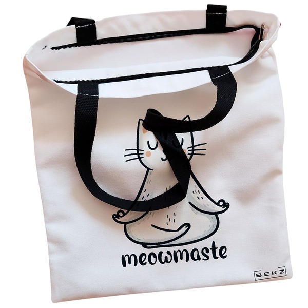 Geanta Canvas Tote pentru femei Yoga Meowmaste 38x34.5 cm Alba BEKZ® 1