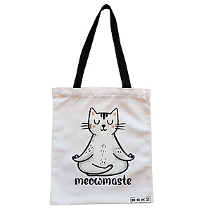 Geanta Canvas Tote pentru femei Yoga Meowmaste, 38x34.5 cm, Alba, BEKZ®