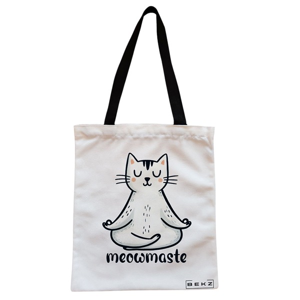 Geanta Canvas Tote pentru femei Yoga Meowmaste 38x34.5 cm Alba BEKZ®