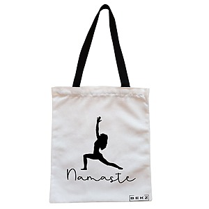 Geanta Canvas Tote pentru femei Yoga Namaste, 38x34.5 cm, Alba, BEKZ®