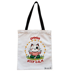 Geanta Canvas Tote pentru femei Yoga Ommm Keep Calm, 38x34.5 cm, Alba, BEKZ®