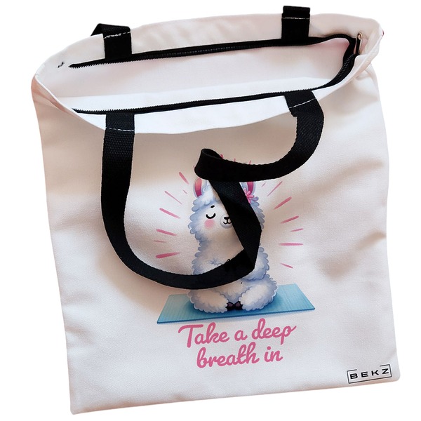 Geanta Canvas Tote pentru femei Yoga Take a deep breath in 38x34.5 cm Alba BEKZ® 1