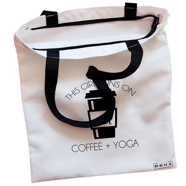 Geanta Canvas Tote pentru femei Yoga This Girl runs on coffe and yoga 2 38x34.5 cm Alba BEKZ® 1