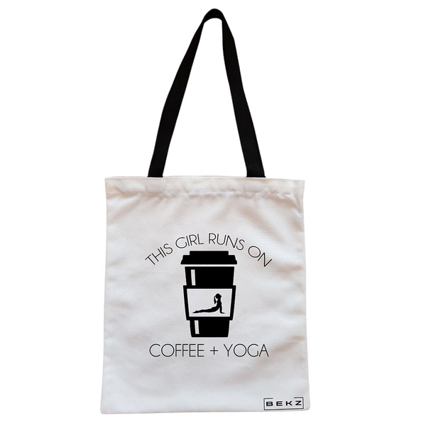 Geanta Canvas Tote pentru femei Yoga This Girl runs on coffe and yoga 2 38x34.5 cm Alba BEKZ®