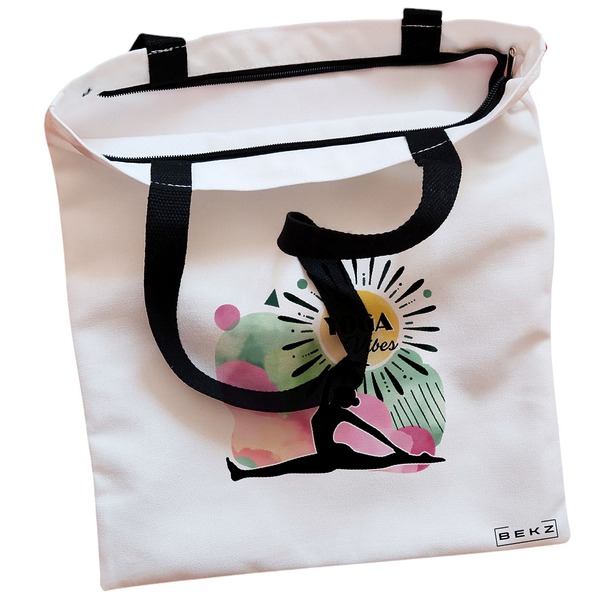 Geanta Canvas Tote pentru femei Yoga Vibes 38x34.5 cm Alba BEKZ® 1