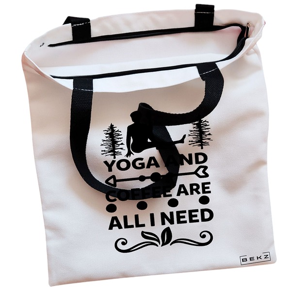 Geanta Canvas Tote pentru femei Yoga and Coffee are all I need 38x34.5 cm Alba BEKZ® 1