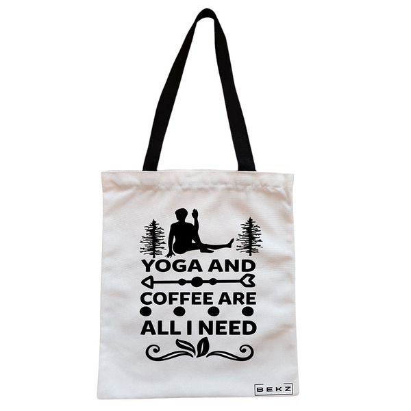 Geanta Canvas Tote pentru femei Yoga and Coffee are all I need 38x34.5 cm Alba BEKZ®