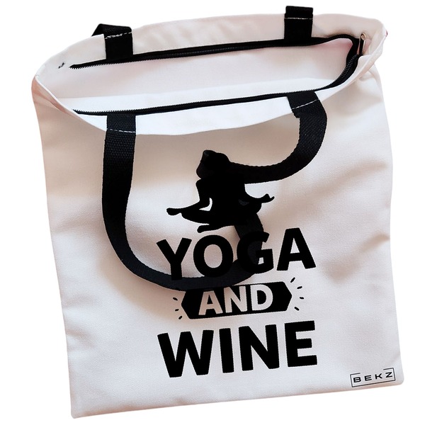 Geanta Canvas Tote pentru femei Yoga and Wine 38x34.5 cm Alba BEKZ® 1