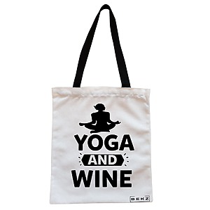 Geanta Canvas Tote pentru femei Yoga and Wine, 38x34.5 cm, Alba, BEKZ®