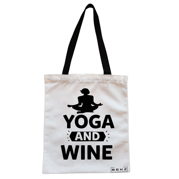 Geanta Canvas Tote pentru femei Yoga and Wine 38x34.5 cm Alba BEKZ®