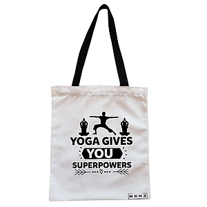 Geanta Canvas Tote pentru femei Yoga gives you super powers, 38x34.5 cm, Alba, BEKZ®