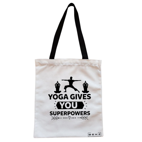 Geanta Canvas Tote pentru femei Yoga gives you super powers 38x34.5 cm Alba BEKZ®