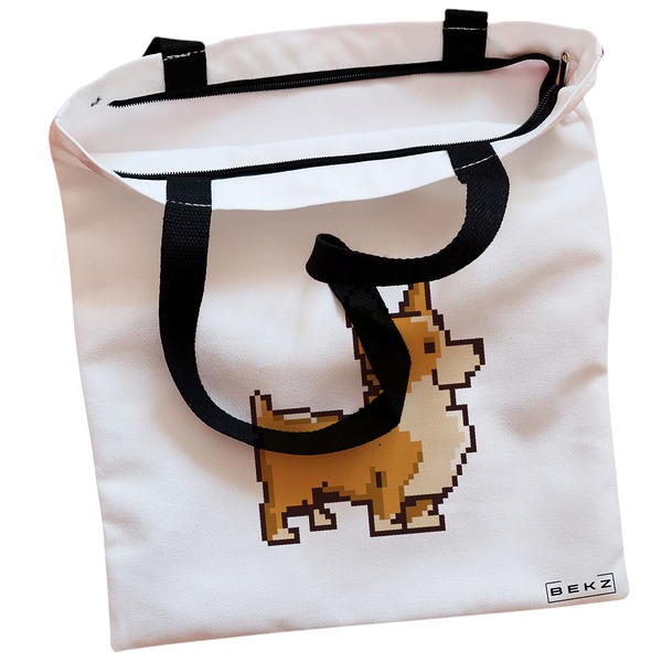 Geanta Canvas Tote pentru femei, model 8bit Doggo, 38x34.5 cm, Alba, BEKZ® 2 Geanta Canvas Tote pentru femei model 8bit Doggo 38x34.5 cm Alba BEKZ® 1