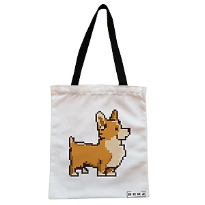 Geanta Canvas Tote pentru femei, model 8bit Doggo, 38x34.5 cm, Alba, BEKZ®