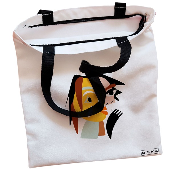 Geanta Canvas Tote pentru femei model Abstract face 2 38x34.5 cm Alba BEKZ® 1