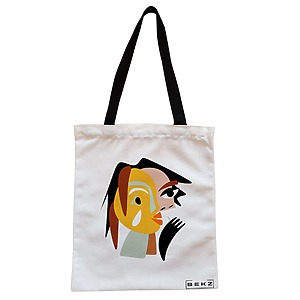 Geanta Canvas Tote pentru femei, model Abstract face 2, 38x34.5 cm, Alba, BEKZ®