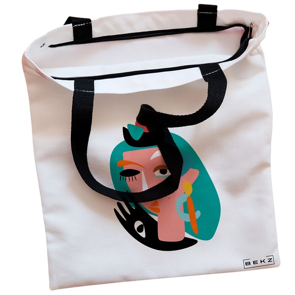 Geanta Canvas Tote pentru femei model Abstract face 38x34.5 cm Alba BEKZ® 1