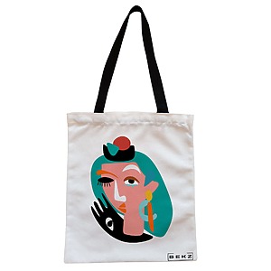 Geanta Canvas Tote pentru femei, model Abstract face, 38x34.5 cm, Alba, BEKZ®