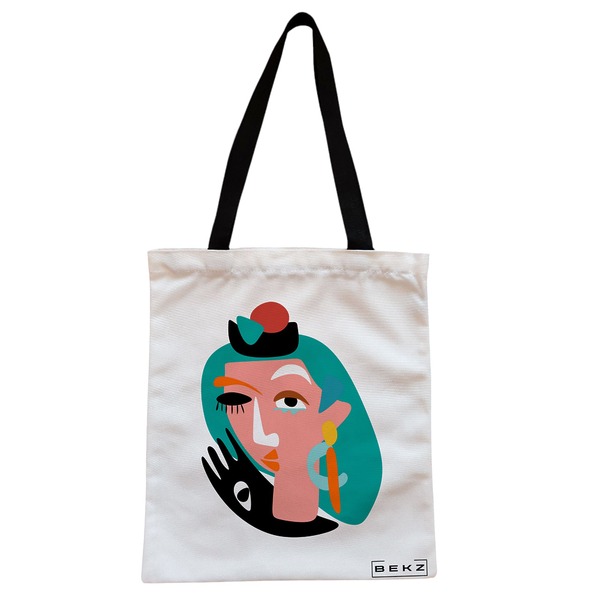 Geanta Canvas Tote pentru femei model Abstract face 38x34.5 cm Alba BEKZ®