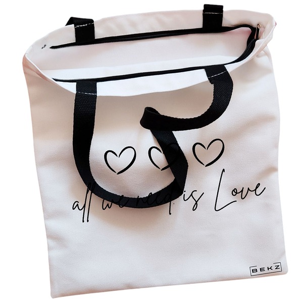 Geanta Canvas Tote pentru femei, model All we nee is Love, 38x34.5 cm, Alba, BEKZ® 2 Geanta Canvas Tote pentru femei model All we nee is Love 38x34.5 cm Alba BEKZ® 1
