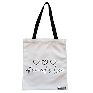 Geanta Canvas Tote pentru femei, model All we nee is Love, 38x34.5 cm, Alba, BEKZ®