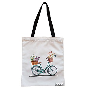 Geanta Canvas Tote pentru femei, model Artistic Bicycle, 38x34.5 cm, Alba, BEKZ®
