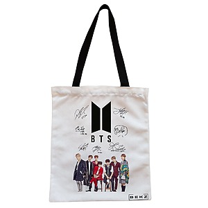 Geanta Canvas Tote pentru femei, model BTS Army 1, 38x34.5 cm, Alba, BEKZ®