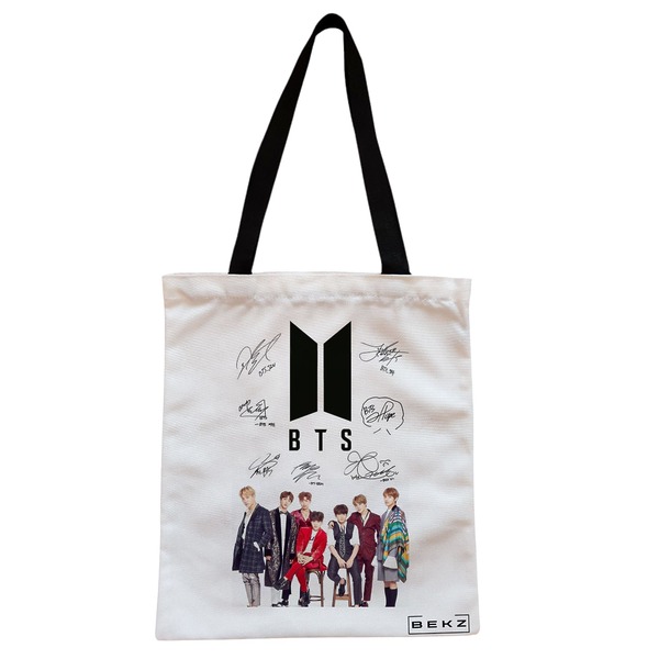Geanta Canvas Tote pentru femei, model BTS Army 1, 38x34.5 cm, Alba, BEKZ® 1 Geanta Canvas Tote pentru femei model BTS Army 1 38x34.5 cm Alba BEKZ®