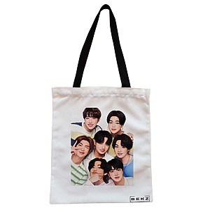 Geanta Canvas Tote pentru femei, model BTS Army 2, 38x34.5 cm, Alba, BEKZ®