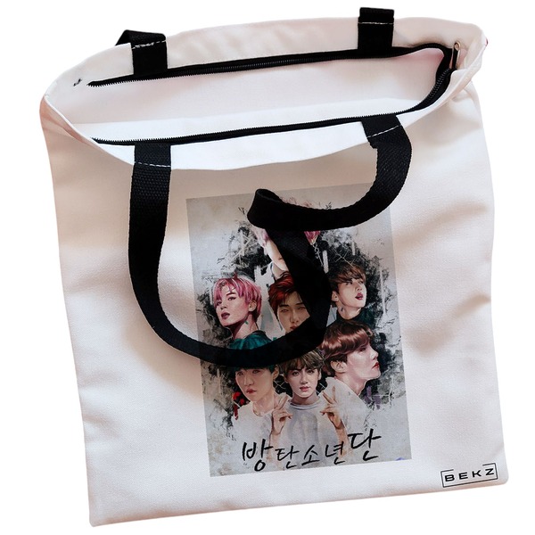 Geanta Canvas Tote pentru femei model BTS Army 3 38x34.5 cm Alba BEKZ® 1