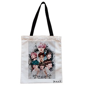 Geanta Canvas Tote pentru femei, model BTS Army 3, 38x34.5 cm, Alba, BEKZ®