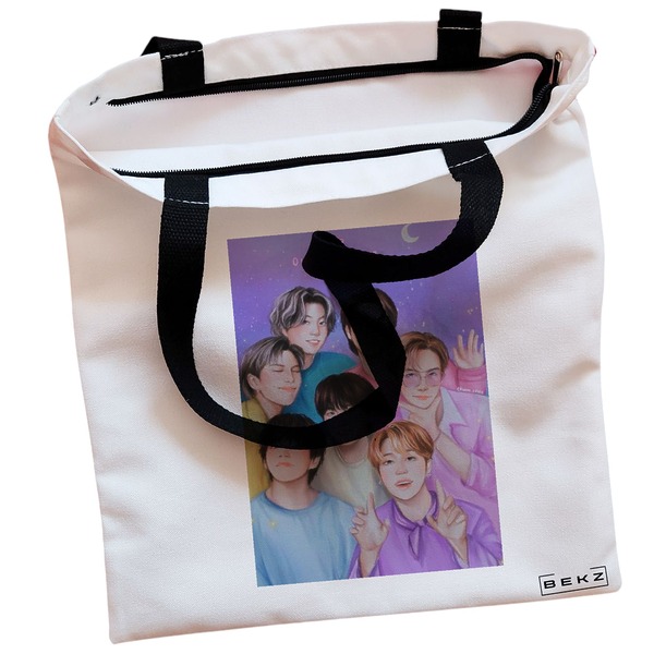 Geanta Canvas Tote pentru femei model BTS Army 4 38x34.5 cm Alba BEKZ® 1