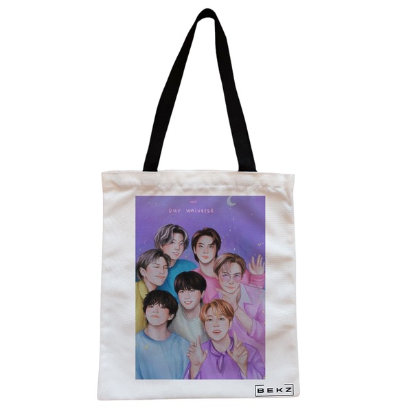 Geanta Canvas Tote pentru femei model BTS Army 4 38x34.5 cm Alba BEKZ®