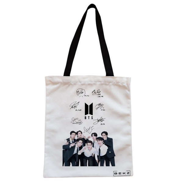 Geanta Canvas Tote pentru femei model BTS Army 6 cu semnaturii 38x34.5 cm Alba BEKZ®
