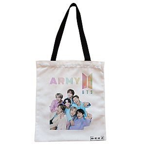 Geanta Canvas Tote pentru femei, model BTS Army 7, 38x34.5 cm, Alba, BEKZ®