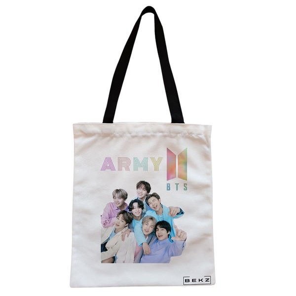 Geanta Canvas Tote pentru femei model BTS Army 7 38x34.5 cm Alba BEKZ®