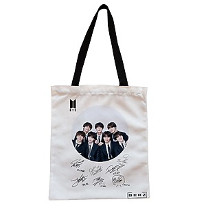Geanta Canvas Tote pentru femei, model BTS Army 8 cu semnaturii, 38x34.5 cm, Alba, BEKZ®
