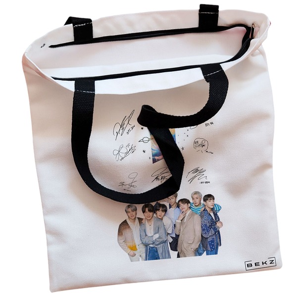 Geanta Canvas Tote pentru femei model BTS Army 9 cu semnaturii 38x34.5 cm Alba BEKZ® 1