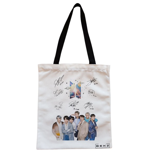 Geanta Canvas Tote pentru femei model BTS Army 9 cu semnaturii 38x34.5 cm Alba BEKZ®