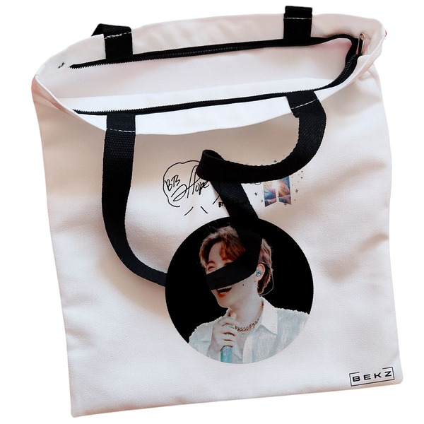 Geanta Canvas Tote pentru femei model BTS J Hope 38x34.5 cm Alba BEKZ® 1