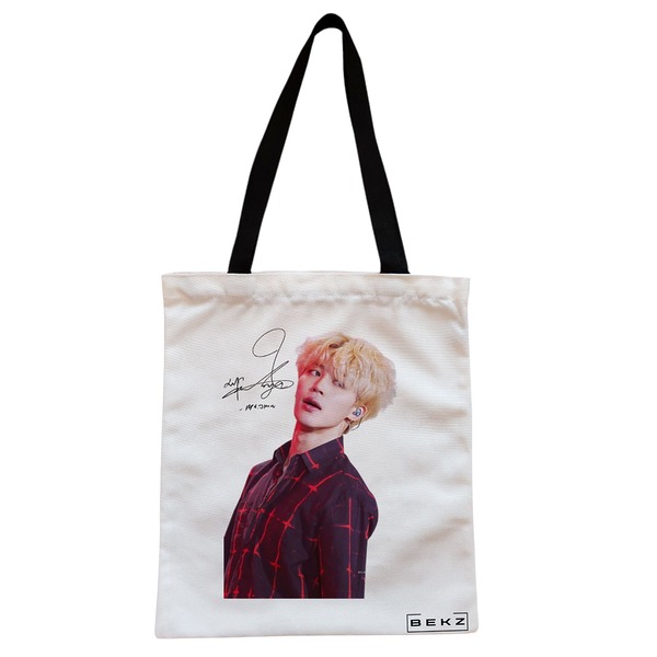 Geanta Canvas Tote pentru femei model BTS Jimin cu semnatura 2 38x34.5 cm Alba BEKZ®