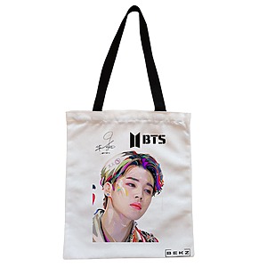 Geanta Canvas Tote pentru femei, model BTS Jimin cu semnatura 3, 38x34.5 cm, Alba, BEKZ®