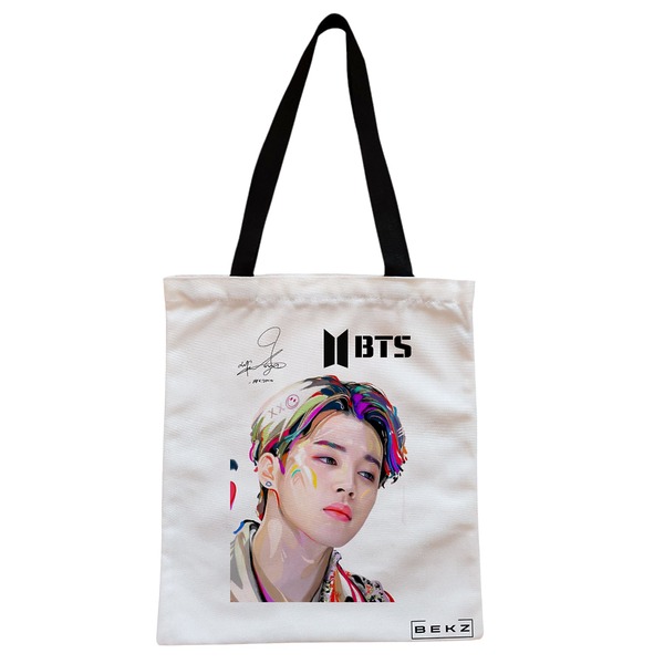 Geanta Canvas Tote pentru femei model BTS Jimin cu semnatura 3 38x34.5 cm Alba BEKZ®
