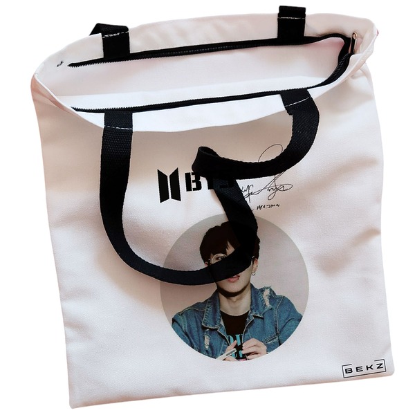 Geanta Canvas Tote pentru femei model BTS Jimin cu semnatura 38x34.5 cm Alba BEKZ® 1