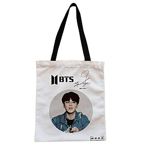 Geanta Canvas Tote pentru femei, model BTS Jimin cu semnatura, 38x34.5 cm, Alba, BEKZ®