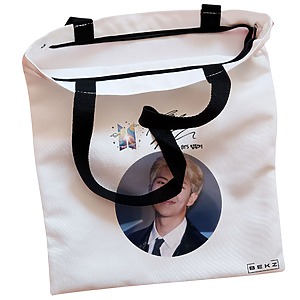 Alternative view of Geanta Canvas Tote pentru femei, model BTS RM cu semnatura, 38x34.5 cm, Alba, BEKZ®