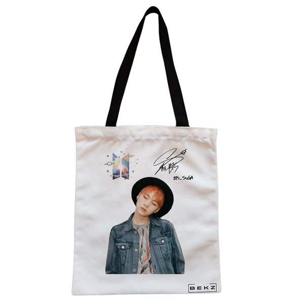 Geanta Canvas Tote pentru femei model BTS Suga 2 38x34.5 cm Alba BEKZ®