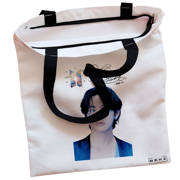 Geanta Canvas Tote pentru femei model BTS V 38x34.5 cm Alba BEKZ® 1