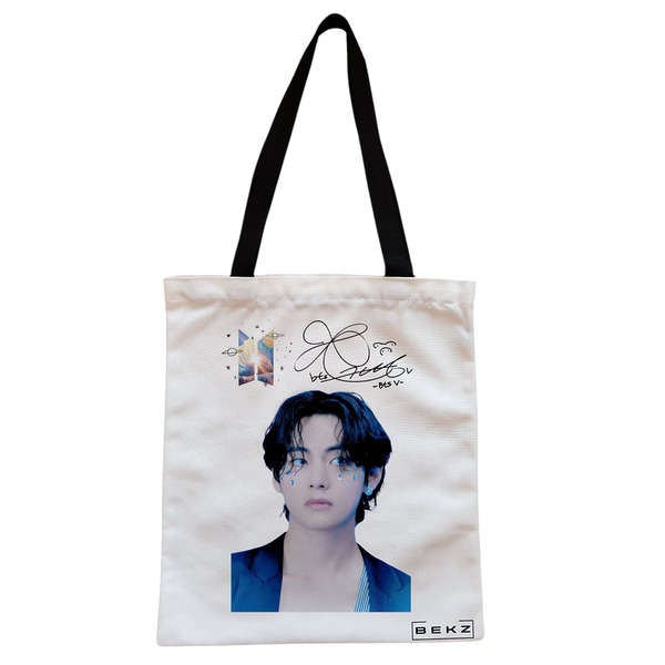 Geanta Canvas Tote pentru femei model BTS V 38x34.5 cm Alba BEKZ®